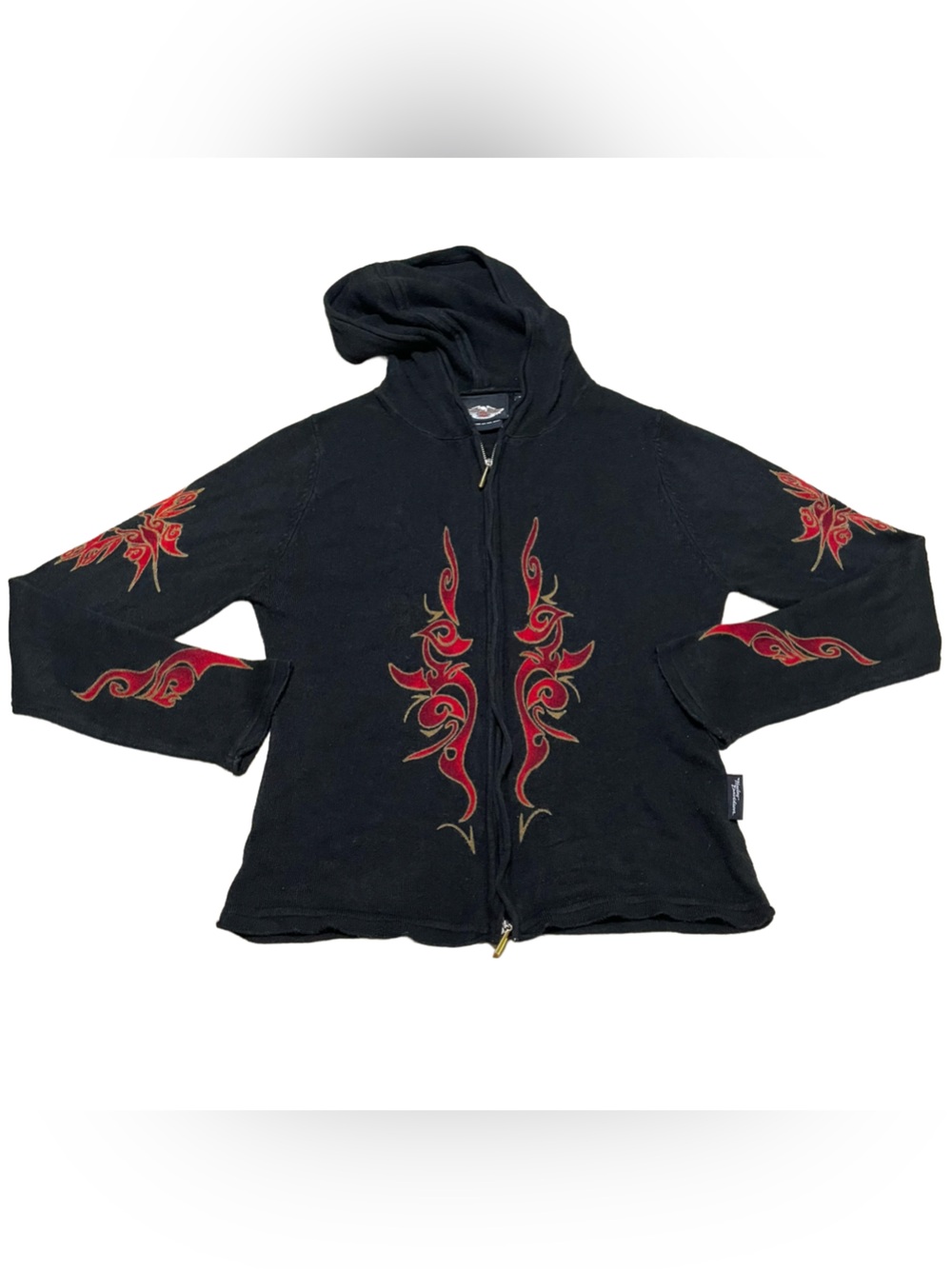 Harley-Davidson Black Zip-Up Hoodie with Red and Gold Flame Embroidery